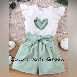 2pc Pure Green Heart sleeveless white top & shorts set w/ tie belt /Size: 5-6yrs